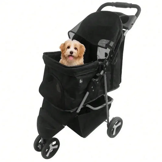 Foldable Pet Stroller 3 Wheels for Dogs Strolling Cart Carrier W/Storage Basket